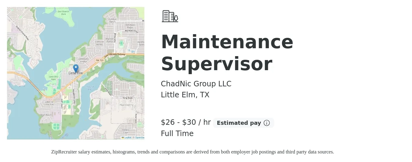 ChadNic Group LLC job posting for a Maintenance Supervisor in Little Elm, TX with a salary of $28 to $32 Hourly with a map of Little Elm location.