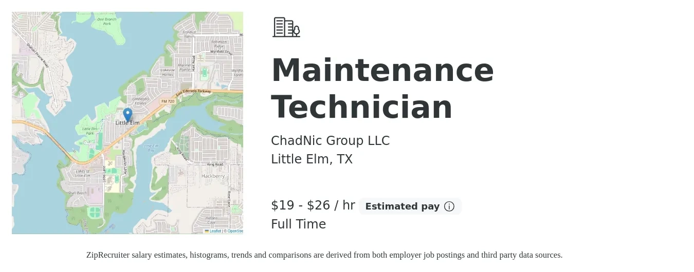 ChadNic Group LLC job posting for a Maintenance Technician in Little Elm, TX with a salary of $20 to $28 Hourly with a map of Little Elm location.