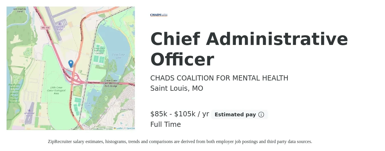 CHADS COALITION FOR MENTAL HEALTH job posting for a Chief Administrative Officer in Saint Louis, MO with a salary of $85,000 to $105,000 Yearly with a map of Saint Louis location.