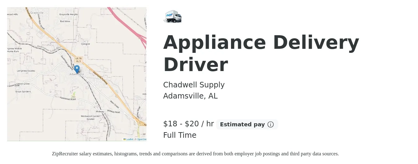 Chadwell Supply job posting for a Appliance Delivery Driver in Adamsville, AL with a salary of $19 to $21 Hourly with a map of Adamsville location.
