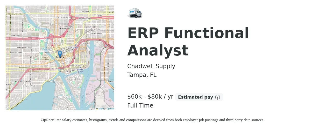 Chadwell Supply job posting for a ERP Functional Analyst in Tampa, FL with a salary of $60,000 to $80,000 Yearly with a map of Tampa location.