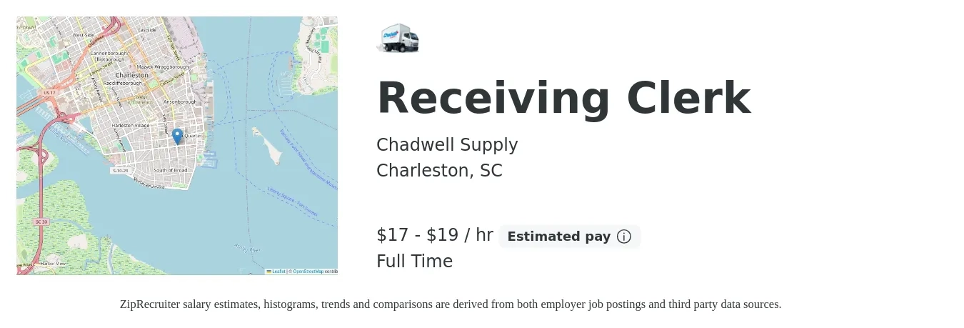 Chadwell Supply job posting for a Receiving Clerk in Charleston, SC with a salary of $18 to $20 Hourly with a map of Charleston location.