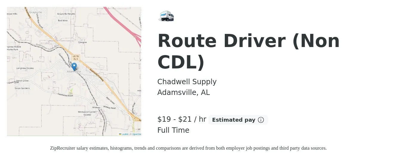 Chadwell Supply job posting for a Route Driver (Non CDL) in Adamsville, AL with a salary of $20 to $22 Hourly with a map of Adamsville location.