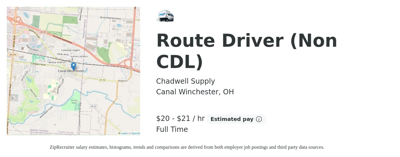 Chadwell Supply job posting for a Route Driver (Non CDL) in Canal Winchester, OH with a salary of $21 to $23 Hourly with a map of Canal Winchester location.