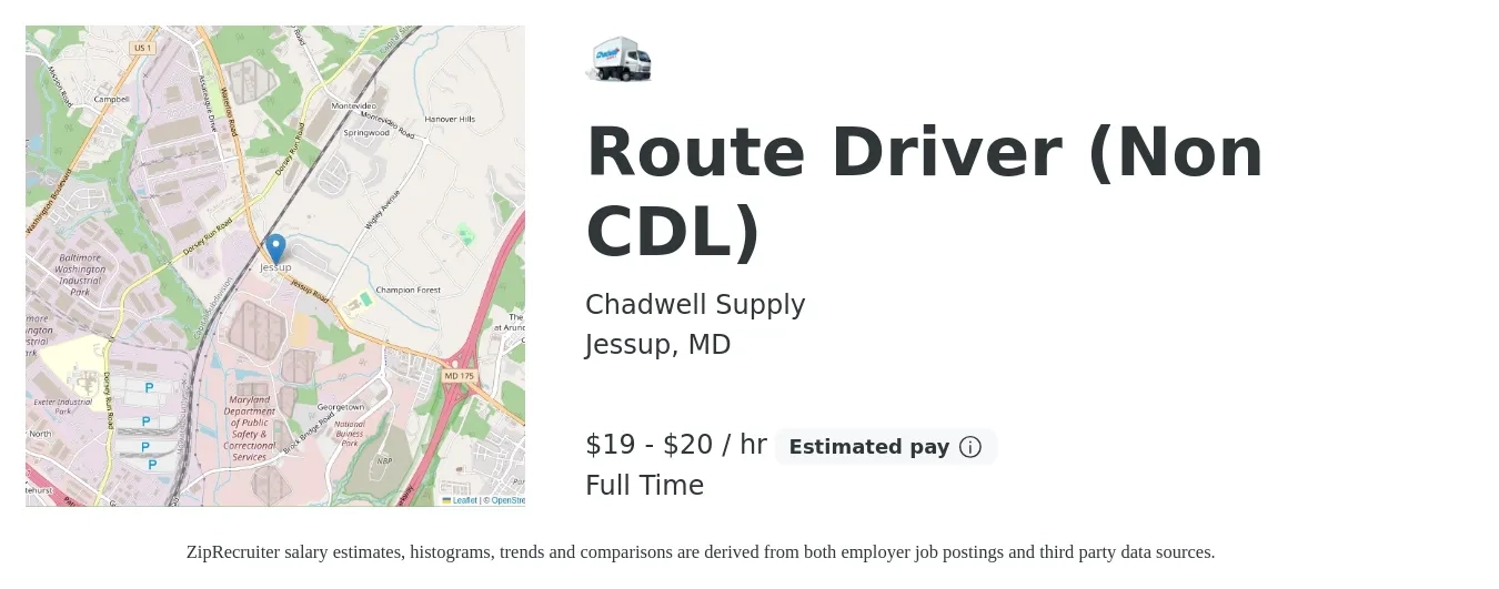 Chadwell Supply job posting for a Route Driver (Non CDL) in Jessup, MD with a salary of $20 to $21 Hourly with a map of Jessup location.