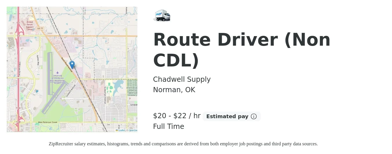 Chadwell Supply job posting for a Route Driver (Non CDL) in Norman, OK with a salary of $21 to $23 Hourly with a map of Norman location.