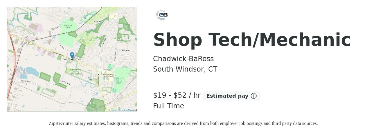 Chadwick-BaRoss job posting for a Shop Tech/Mechanic in South Windsor, CT with a salary of $20 to $55 Hourly with a map of South Windsor location.