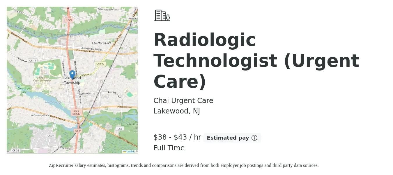 Chai Urgent Care job posting for a Radiologic Technologist (Urgent Care) in Lakewood, NJ with a salary of $40 to $45 Hourly with a map of Lakewood location.