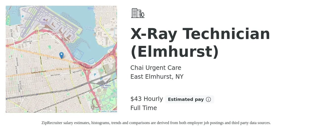 Chai Urgent Care job posting for a X-Ray Technician (Elmhurst) in East Elmhurst, NY with a salary of $45 Hourly with a map of East Elmhurst location.