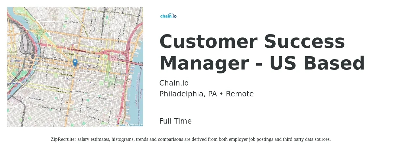 Chain.io job posting for a Customer Success Manager - US Based in Philadelphia, PA with a salary of $100,000 Yearly with a map of Philadelphia location.