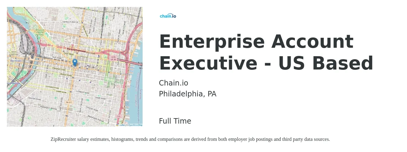Chain.io job posting for a Enterprise Account Executive - US Based in Philadelphia, PA with a salary of $120,000 Yearly with a map of Philadelphia location.