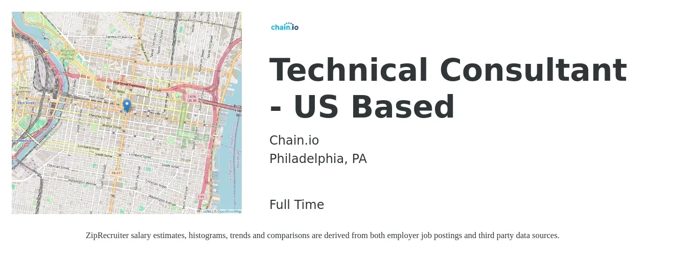 Chain.io job posting for a Technical Consultant - US Based in Philadelphia, PA with a salary of $93,000 Yearly with a map of Philadelphia location.