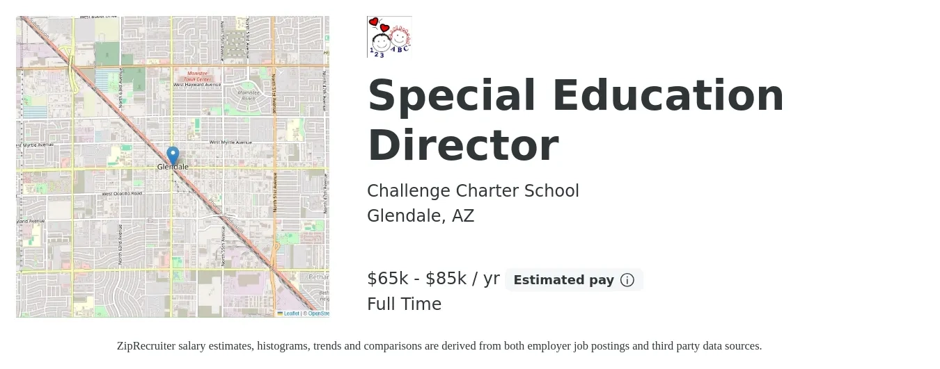 Challenge Charter School job posting for a Special Education Director in Glendale, AZ with a salary of $40,000 to $65,000 Yearly with a map of Glendale location.