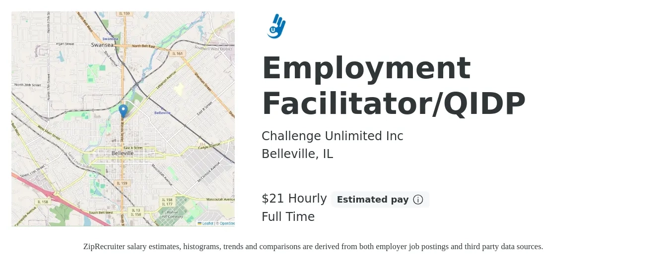 Challenge Unlimited Inc job posting for a Employment Facilitator/QIDP in Belleville, IL with a salary of $22 Hourly with a map of Belleville location.
