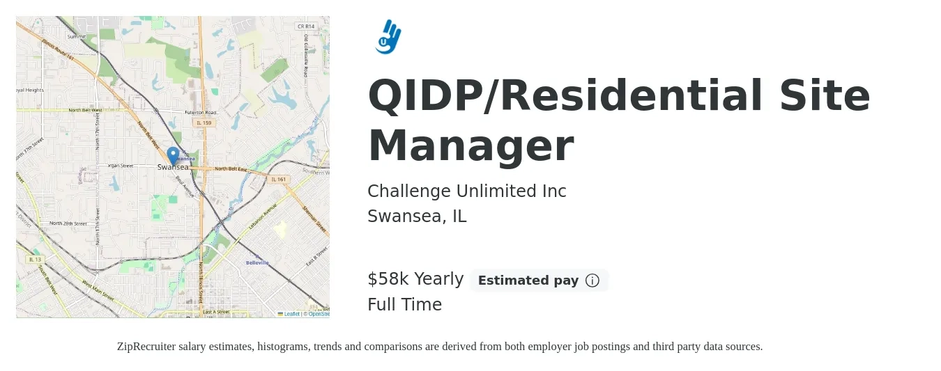 Challenge Unlimited Inc job posting for a QIDP/Residential Site Manager in Swansea, IL with a salary of $58,919 Yearly with a map of Swansea location.
