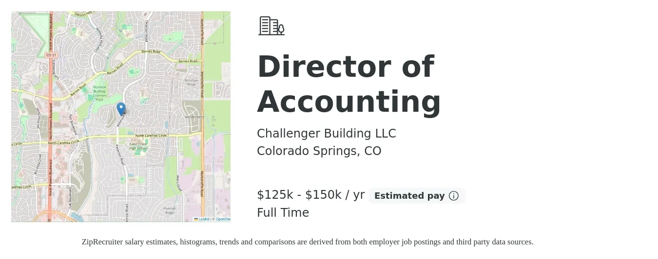 Challenger Building LLC job posting for a Director of Accounting in Colorado Springs, CO with a salary of $125,000 to $150,000 Yearly with a map of Colorado Springs location.