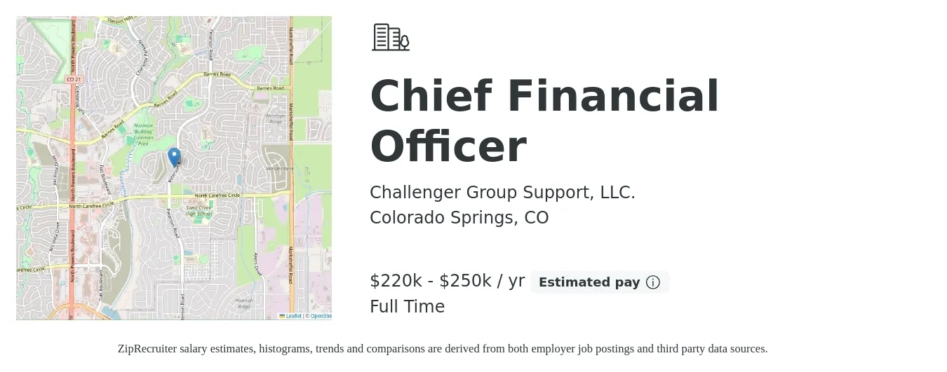 Challenger Group Support, LLC. job posting for a Chief Financial Officer in Colorado Springs, CO with a salary of $220,000 to $250,000 Yearly with a map of Colorado Springs location.