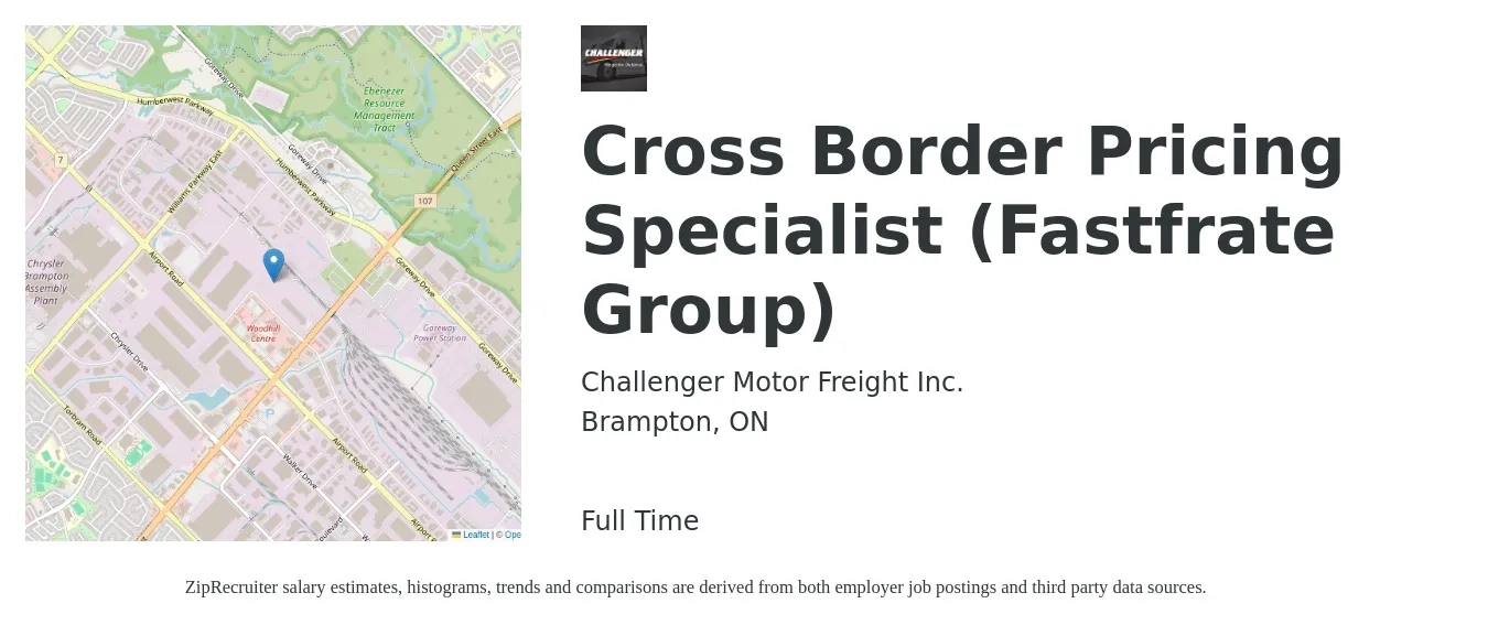 Challenger Motor Freight Inc. job posting for a Cross Border Pricing Specialist (Fastfrate Group) in Brampton, ON with a map of Brampton location.