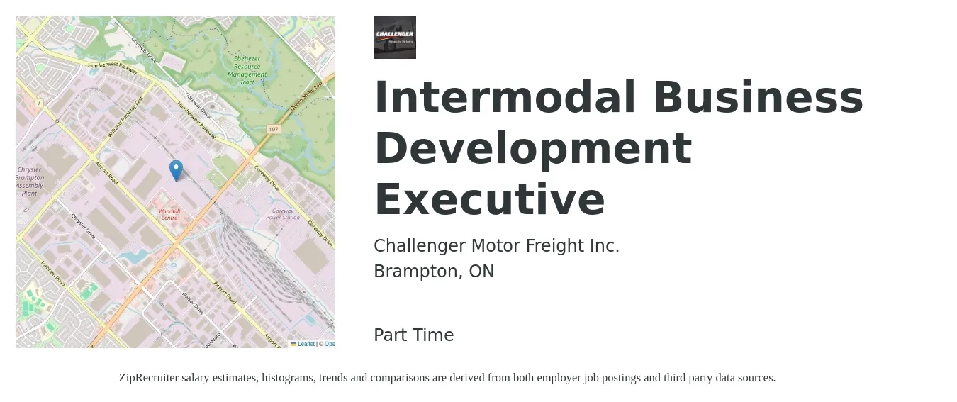 Challenger Motor Freight Inc. job posting for a Intermodal Business Development Executive in Brampton, ON with a map of Brampton location.