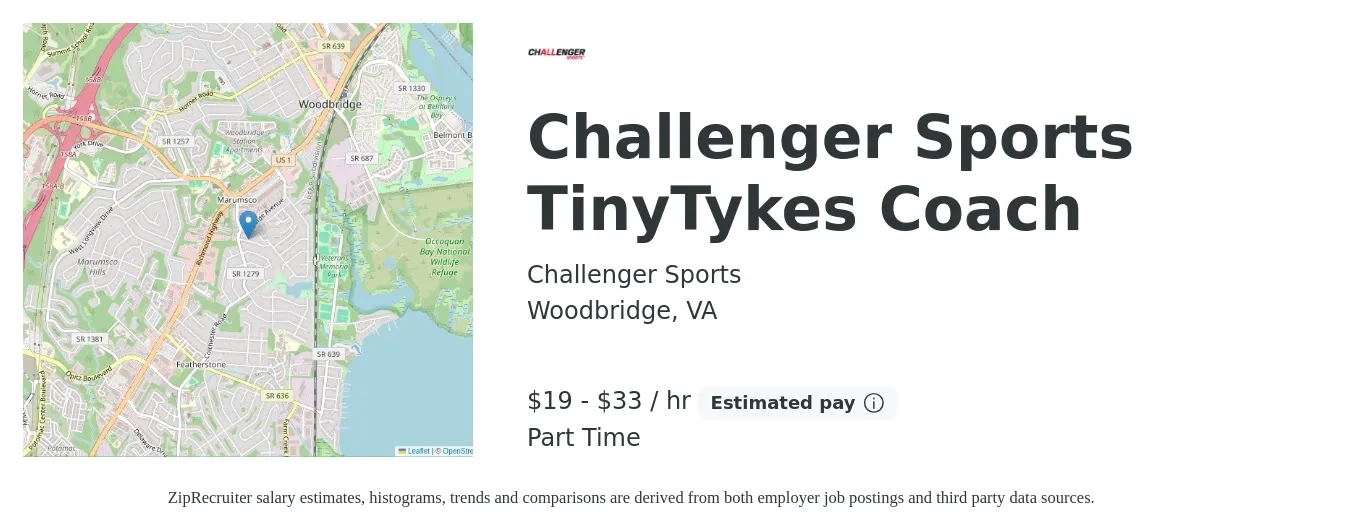 Challenger Sports job posting for a Challenger Sports TinyTykes Coach in Woodbridge, VA with a salary of $20 to $35 Hourly with a map of Woodbridge location.