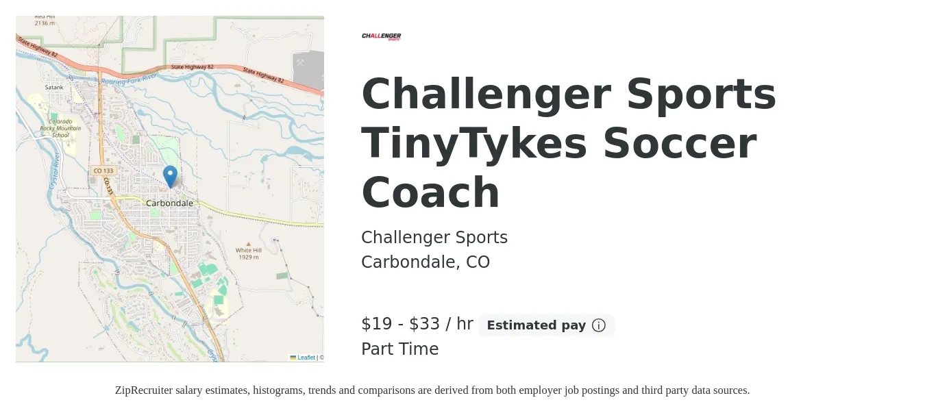 Challenger Sports job posting for a Challenger Sports TinyTykes Soccer Coach in Carbondale, CO with a salary of $20 to $35 Hourly with a map of Carbondale location.