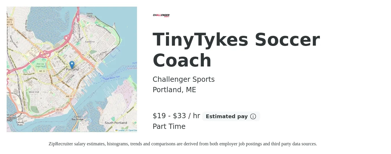 Challenger Sports job posting for a TinyTykes Soccer Coach in Portland, ME with a salary of $20 to $35 Hourly with a map of Portland location.