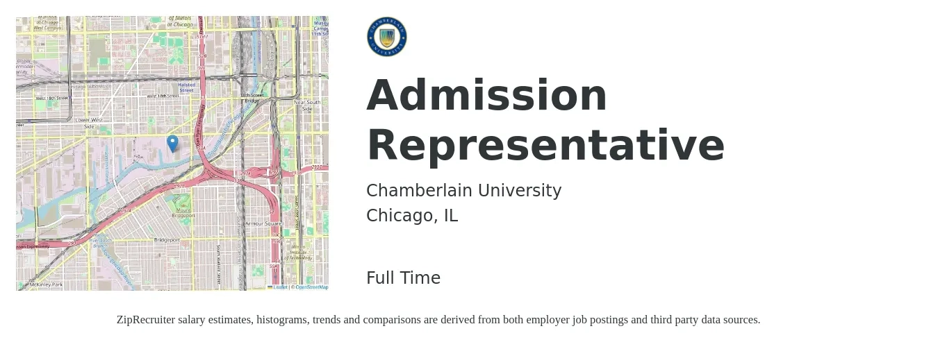 Chamberlain University job posting for a Admission Representative in Chicago, IL with a salary of $18 to $24 Hourly with a map of Chicago location.