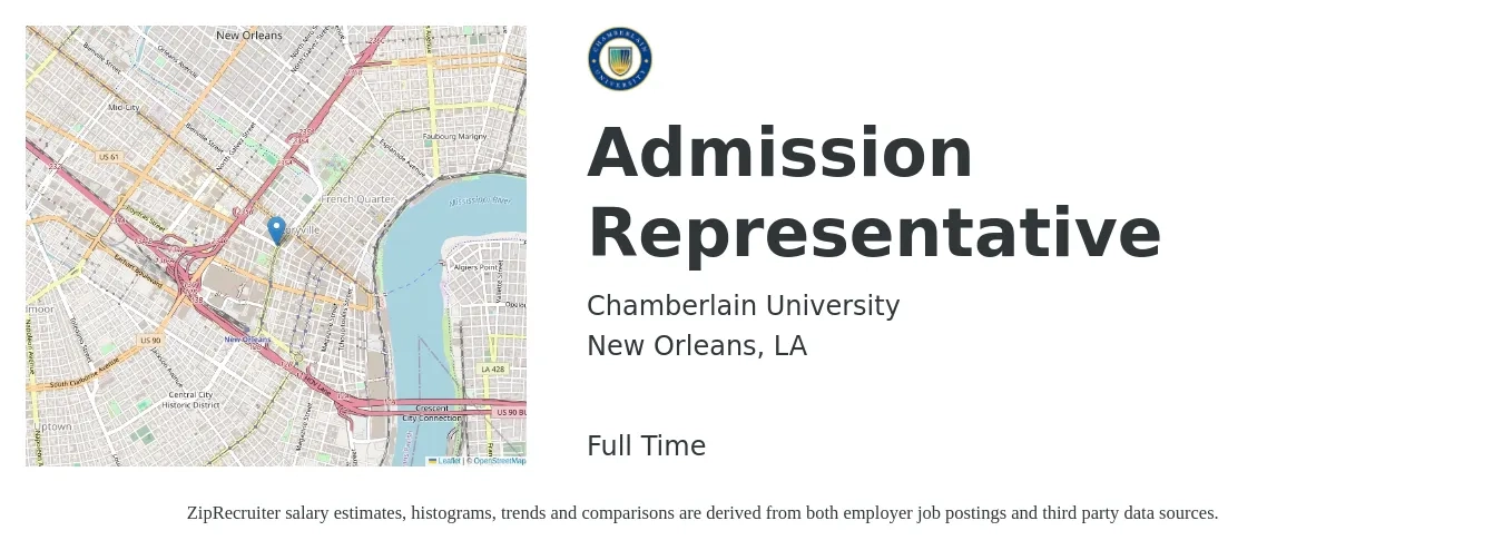 Chamberlain University job posting for a Admission Representative in New Orleans, LA with a salary of $18 to $24 Hourly with a map of New Orleans location.