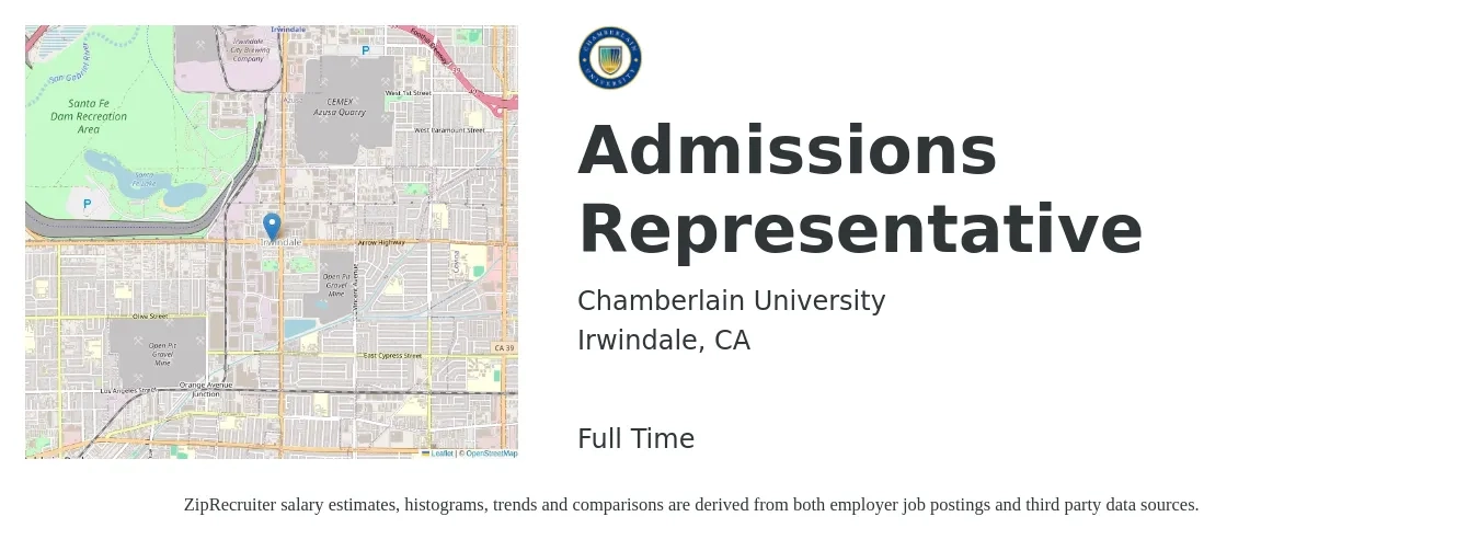 Chamberlain University job posting for a Admissions Representative in Irwindale, CA with a salary of $18 to $24 Hourly with a map of Irwindale location.