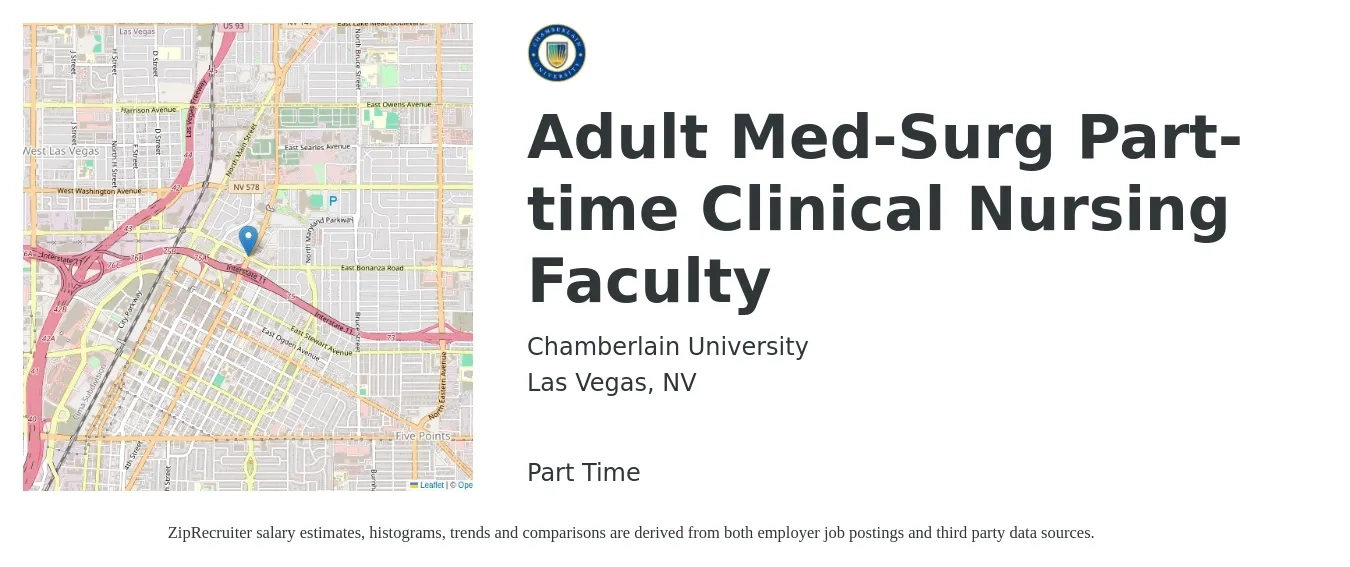 Chamberlain University job posting for a Adult Med-Surg Part-time Clinical Nursing Faculty in Las Vegas, NV with a salary of $43 to $66 Hourly with a map of Las Vegas location.