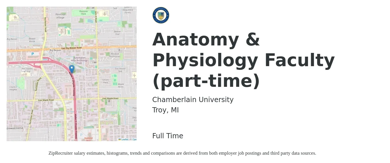 Chamberlain University job posting for a Anatomy & Physiology Faculty (part-time) in Troy, MI with a salary of $7,245 Monthly with a map of Troy location.