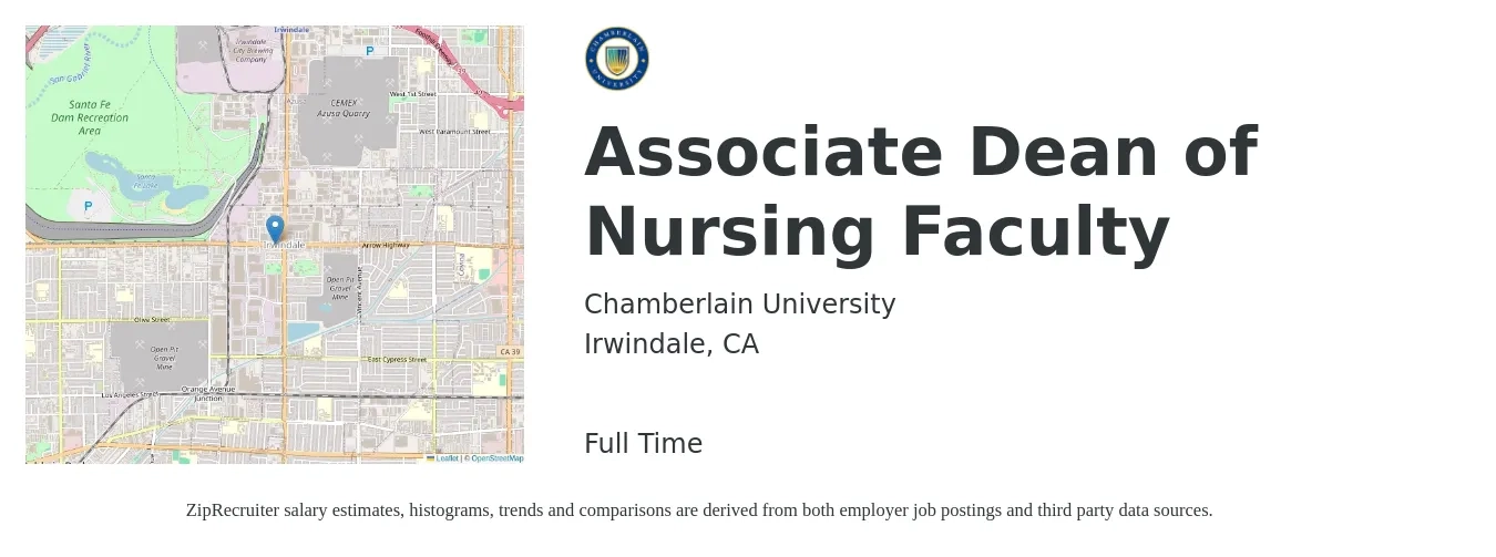Chamberlain University job posting for a Associate Dean of Nursing Faculty in Irwindale, CA with a salary of $62,400 to $125,900 Yearly with a map of Irwindale location.