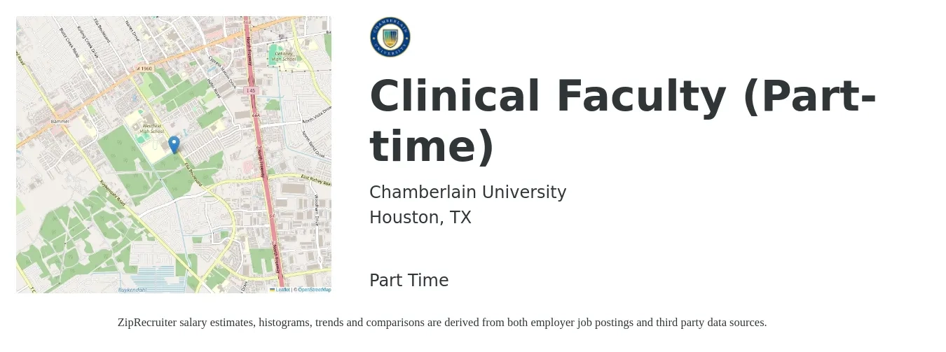 Chamberlain University job posting for a Clinical Faculty (Part-time) in Houston, TX with a salary of $38 to $51 Hourly with a map of Houston location.