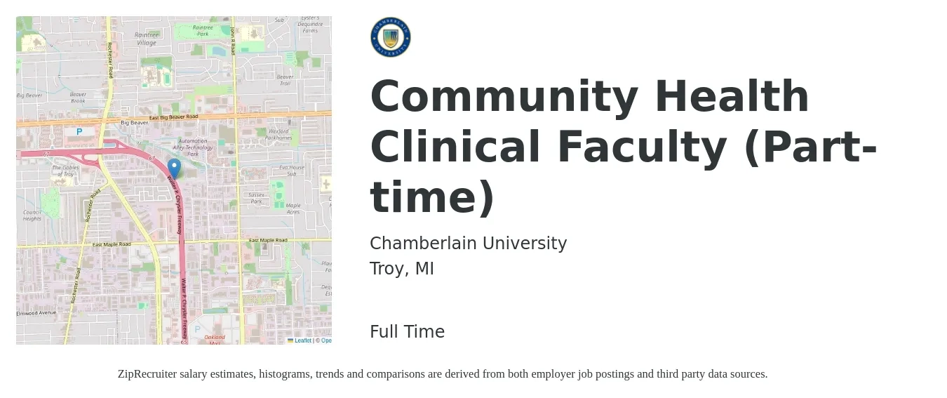 Chamberlain University job posting for a Community Health Clinical Faculty (Part-time) in Troy, MI with a salary of $560 Weekly with a map of Troy location.