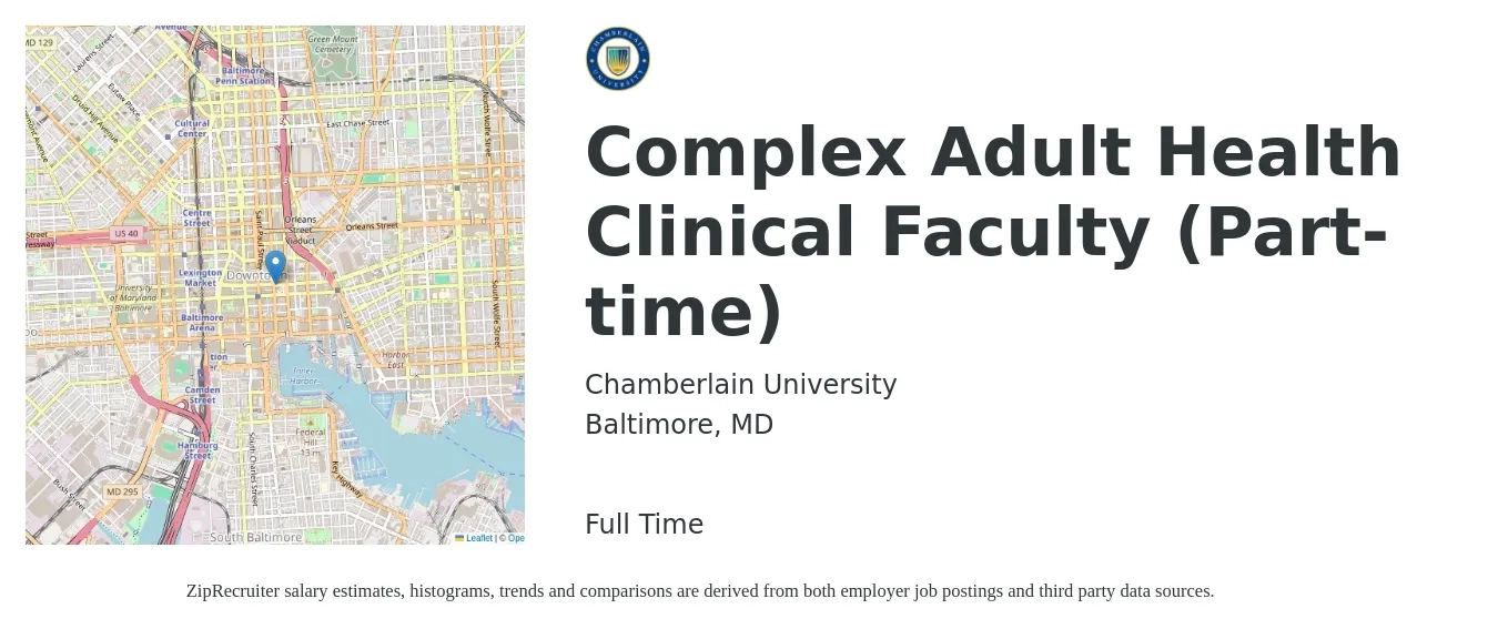 Chamberlain University job posting for a Complex Adult Health Clinical Faculty (Part-time) in Baltimore, MD with a salary of $7,245 Monthly with a map of Baltimore location.