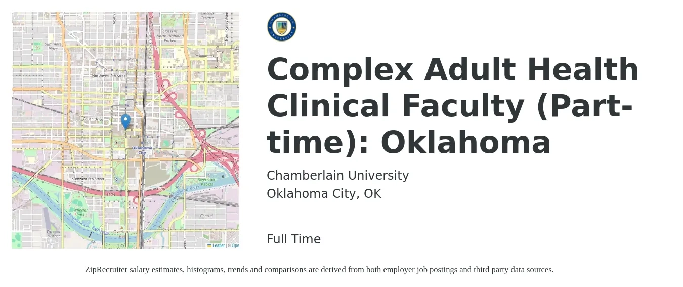 Chamberlain University job posting for a Complex Adult Health Clinical Faculty (Part-time): Oklahoma in Oklahoma City, OK with a salary of $7,245 Monthly with a map of Oklahoma City location.