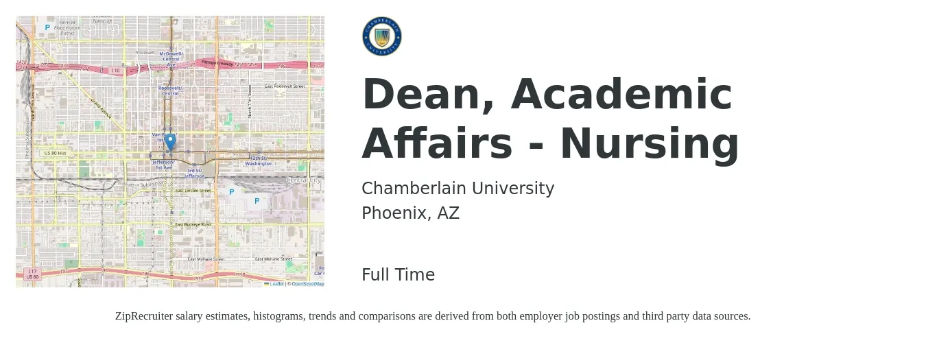 Chamberlain University job posting for a Dean, Academic Affairs - Nursing in Phoenix, AZ with a salary of $73,000 to $108,700 Yearly with a map of Phoenix location.