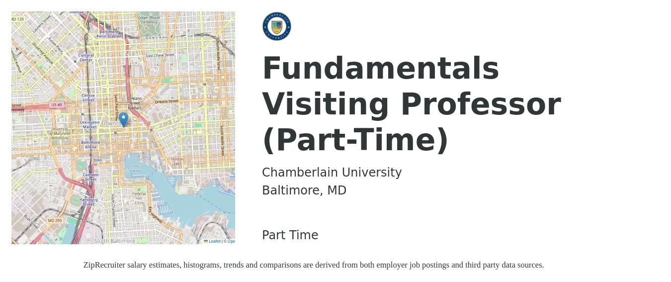 Chamberlain University job posting for a Fundamentals Visiting Professor (Part-Time) in Baltimore, MD with a salary of $15,900 to $124,200 Yearly with a map of Baltimore location.
