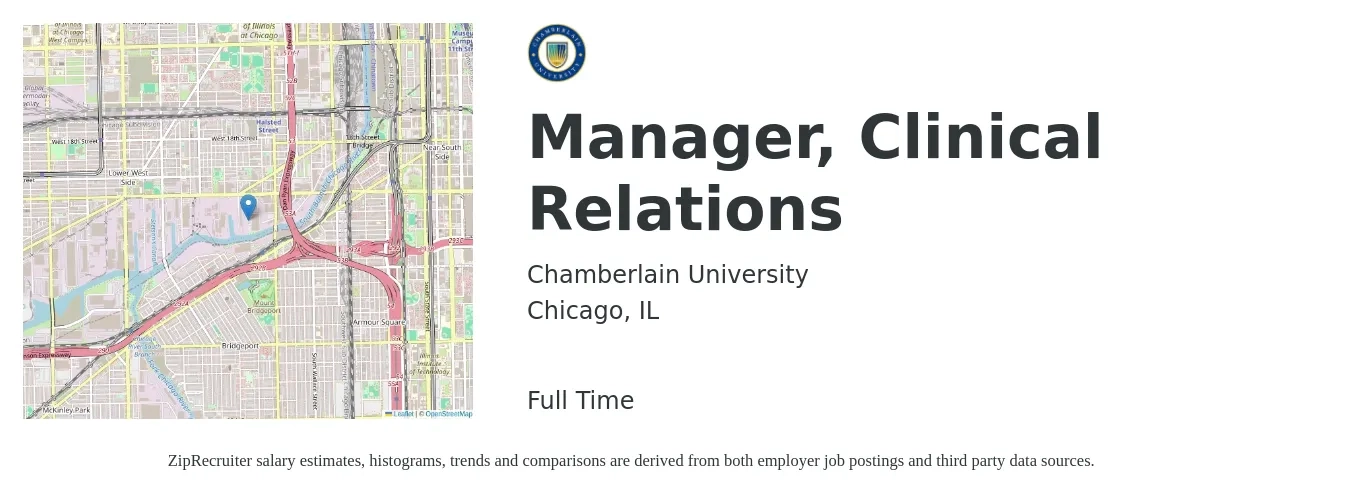 Chamberlain University job posting for a Manager, Clinical Relations in Chicago, IL with a salary of $66,000 to $91,200 Yearly with a map of Chicago location.