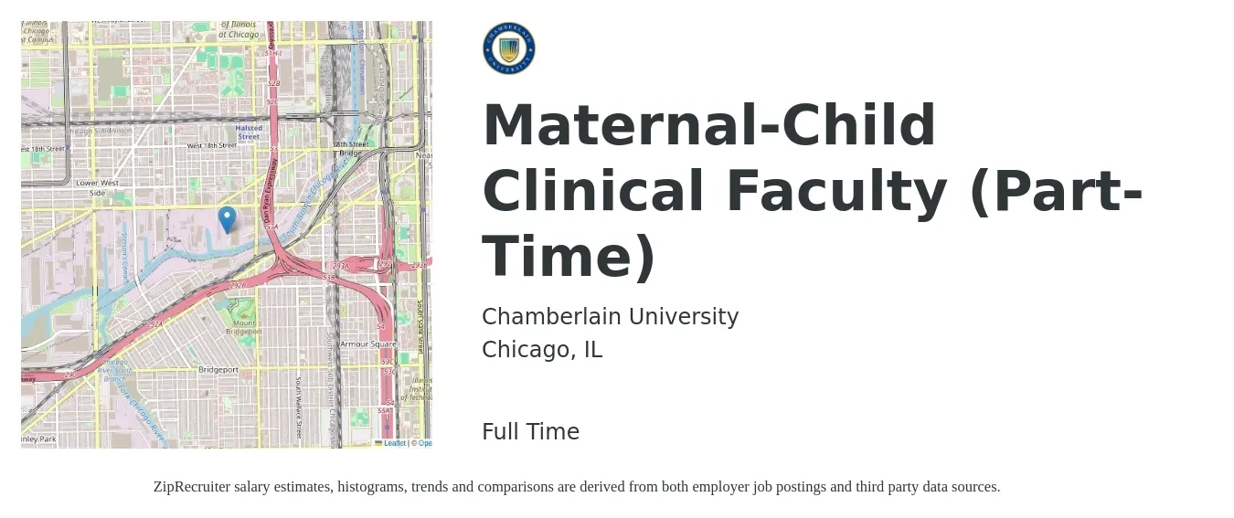 Chamberlain University job posting for a Maternal-Child Clinical Faculty (Part-Time) in Chicago, IL with a salary of $560 Weekly with a map of Chicago location.