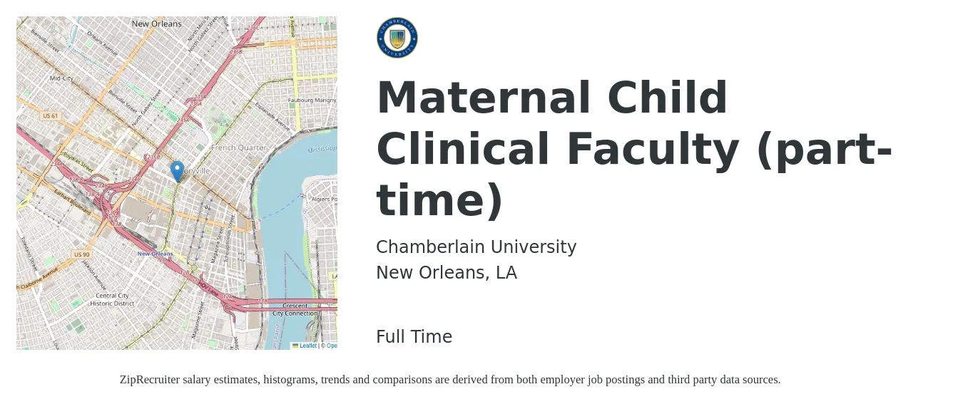 Chamberlain University job posting for a Maternal Child Clinical Faculty (part-time) in New Orleans, LA with a salary of $7,245 Monthly with a map of New Orleans location.