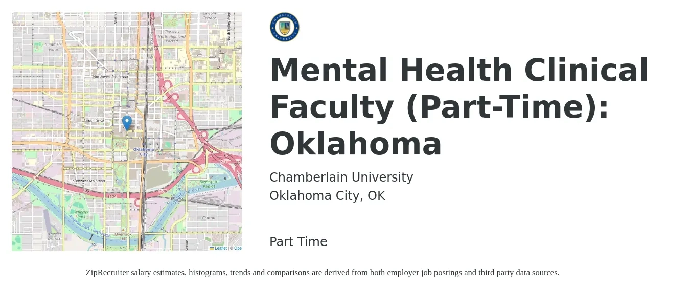 Chamberlain University job posting for a Mental Health Clinical Faculty (Part-Time): Oklahoma in Oklahoma City, OK with a salary of $36 to $50 Hourly with a map of Oklahoma City location.