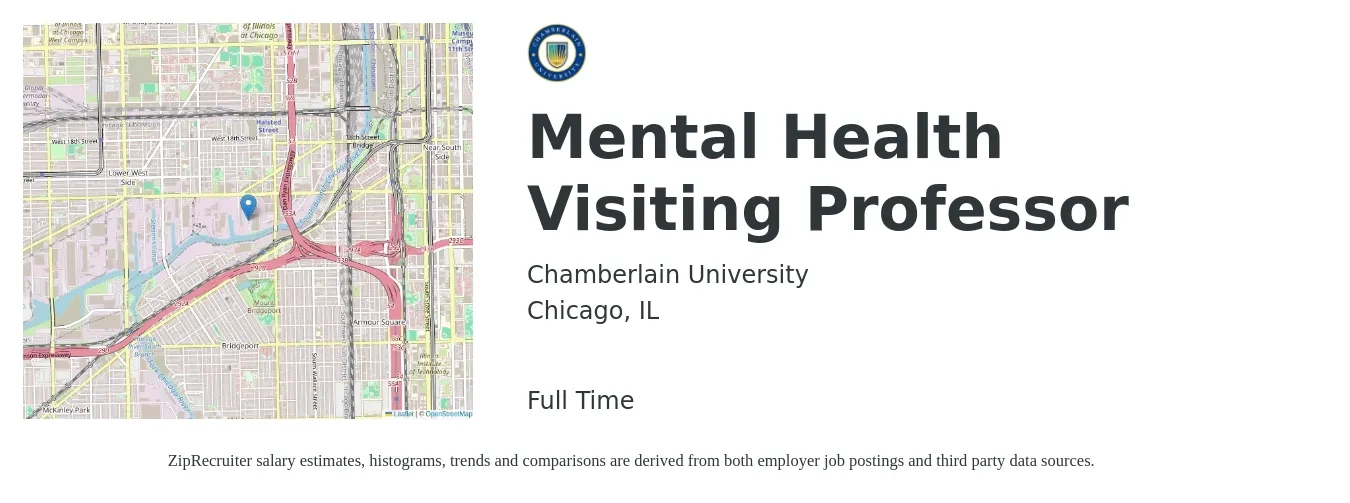 Chamberlain University job posting for a Mental Health Visiting Professor in Chicago, IL with a salary of $560 Weekly with a map of Chicago location.