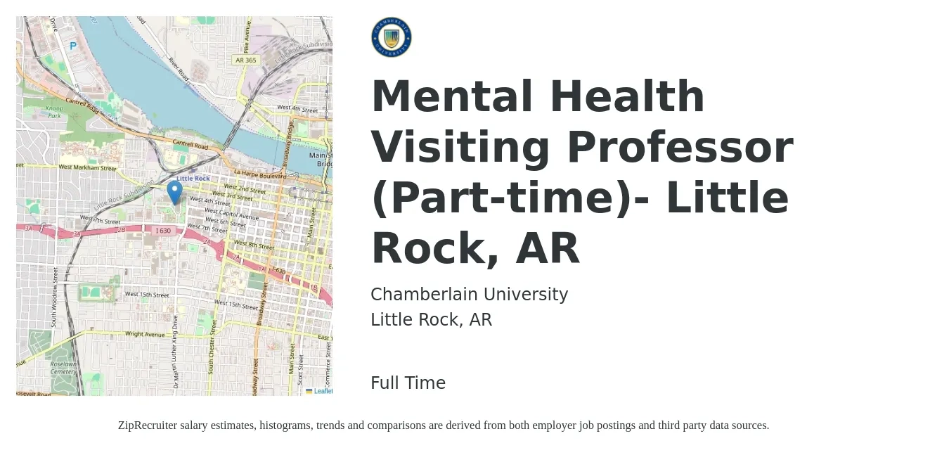 Chamberlain University job posting for a Mental Health Visiting Professor (Part-time)- Little Rock, AR in Little Rock, AR with a salary of $560 Weekly with a map of Little Rock location.