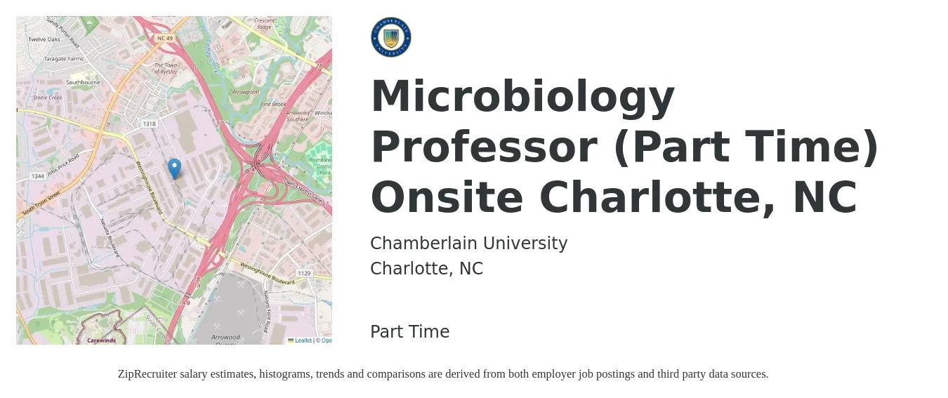 Chamberlain University job posting for a Microbiology Professor (Part Time) Onsite Charlotte, NC in Charlotte, NC with a salary of $50,800 to $79,600 Yearly with a map of Charlotte location.