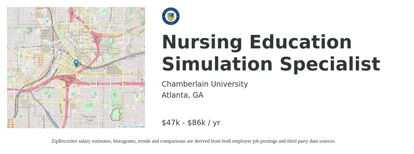 Chamberlain University job posting for a Nursing Education Simulation Specialist in Atlanta, GA with a salary of $47,766 to $86,253 Yearly with a map of Atlanta location.