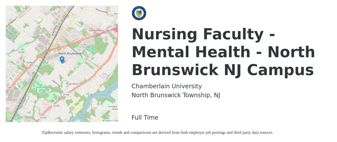 Chamberlain University job posting for a Nursing Faculty - Mental Health - North Brunswick NJ Campus in North Brunswick Township, NJ with a map of North Brunswick Township location.