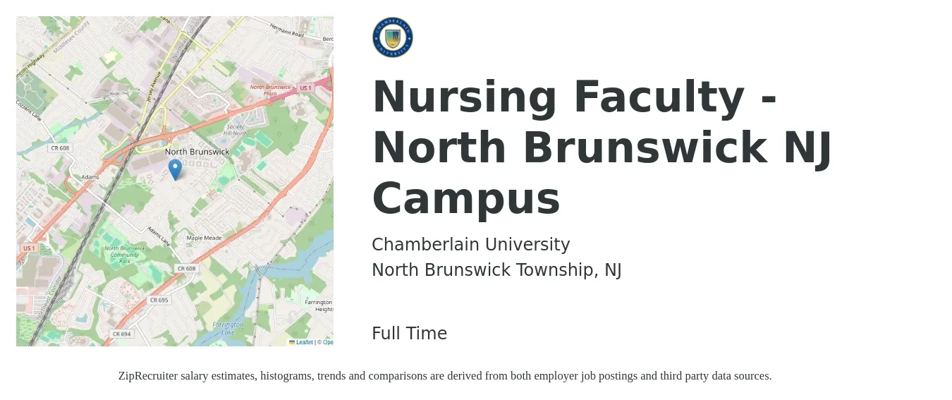 Chamberlain University job posting for a Nursing Faculty - North Brunswick NJ Campus in North Brunswick Township, NJ with a map of North Brunswick Township location.