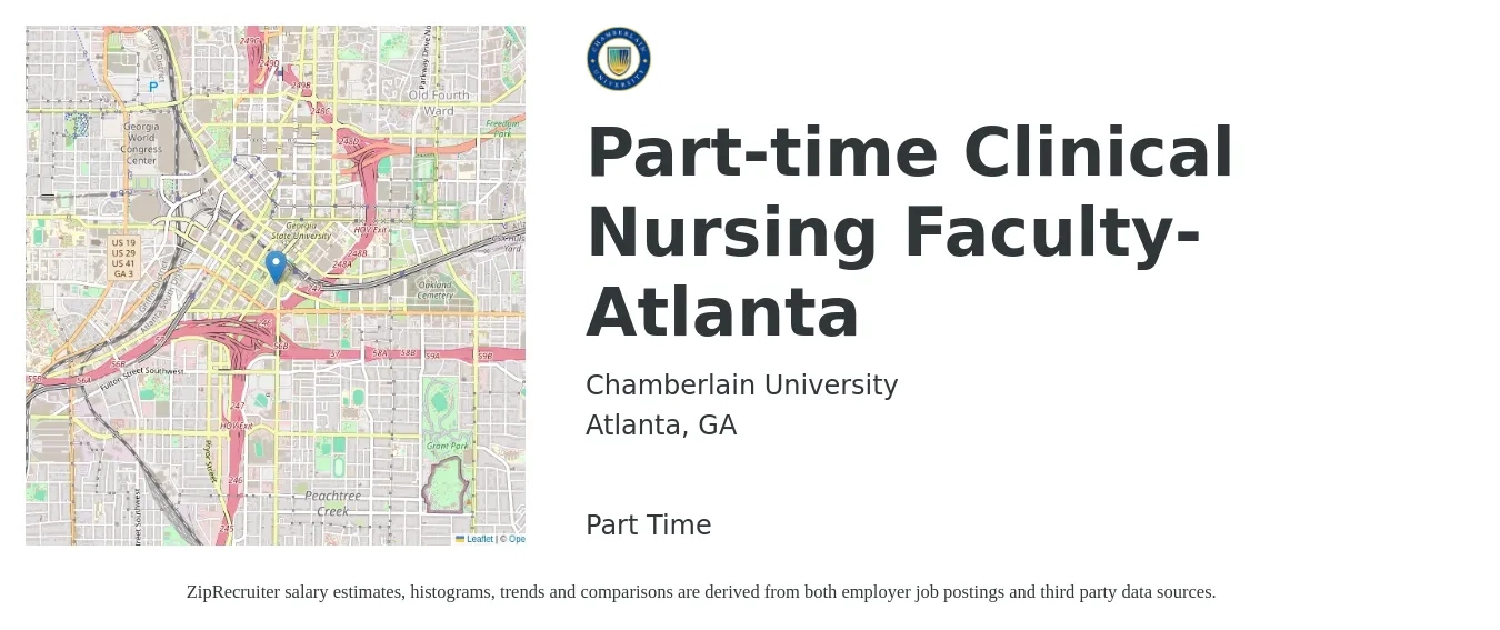 Chamberlain University job posting for a Part-time Clinical Nursing Faculty- Atlanta in Atlanta, GA with a salary of $38 to $52 Hourly with a map of Atlanta location.