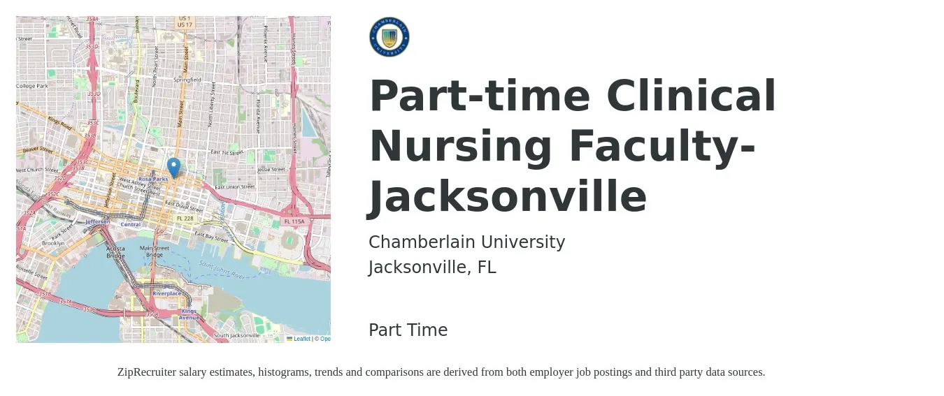 Chamberlain University job posting for a Part-time Clinical Nursing Faculty- Jacksonville in Jacksonville, FL with a salary of $36 to $50 Hourly with a map of Jacksonville location.